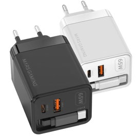 Mars Gaming MD-GAN65R Cargador de Pared GaN 65W con Cable USB-C Retráctil Negro
